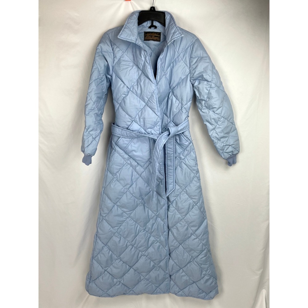 Eddie Bauer Women Blue Quilted Insulated Down Robe Belt House Coat READ